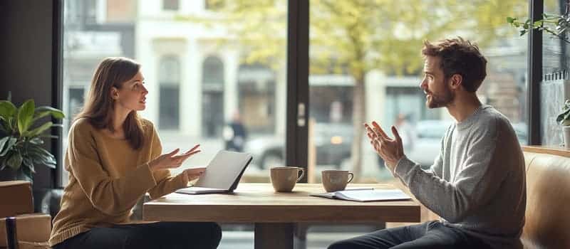 Deux personnes discutant à une table de café, l'une écoutant en prenant des notes