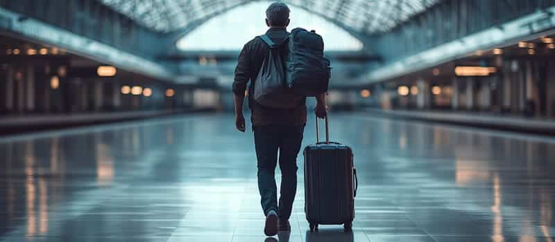 Homme de dos traînant une valise dans une gare presque vide au petit matin