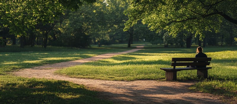 Personne assise sur un banc face à deux chemins qui se séparent dans un parc