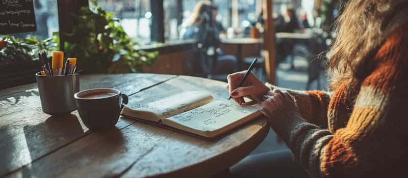 Personne écrivant dans un carnet ouvert à une table de café