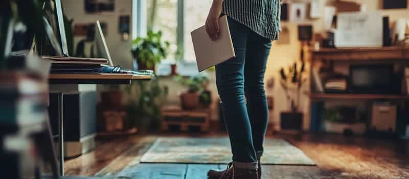 Personne se levant de son bureau avec un carnet fermé sous le bras, prête à passer à l'action